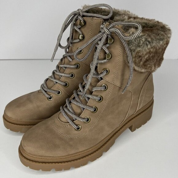 Universal Thread Lace Up Brown Taupe Combat Boot Womens Size 9 Faux Fur - Picture 1 of 9